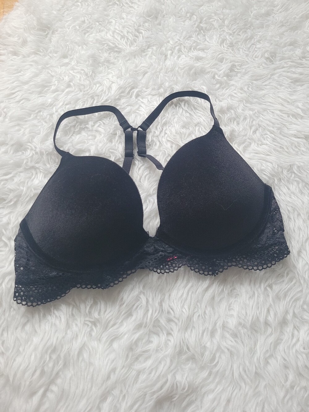 La Senza Obsession Plunge Black Velvet Lace Trim Push Up Size 32C